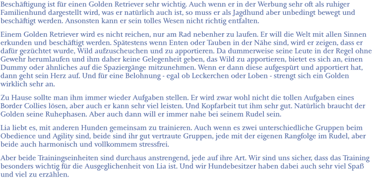 Beschäftigung ist für einen Golden Retriever sehr wichtig. Auch wenn er in der Werbung sehr oft als ruhiger Familienhund dargestellt wird, was er natürlich auch ist, so muss er als Jagdhund aber unbedingt bewegt und beschäftigt werden. Ansonsten kann er sein tolles Wesen nicht richtig entfalten. Einem Golden Retriever wird es nicht reichen, nur am Rad nebenher zu laufen. Er will die Welt mit allen Sinnen erkunden und beschäftigt werden. Spätestens wenn Enten oder Tauben in der Nähe sind, wird er zeigen, dass er dafür gezüchtet wurde, Wild aufzuscheuchen und zu apportieren. Da dummerweise seine Leute in der Regel ohne Gewehr herumlaufen und ihm daher keine Gelegenheit geben, das Wild zu apportieren, bietet es sich an, einen Dummy oder ähnliches auf die Spaziergänge mitzunehmen. Wenn er dann diese aufgespürt und apportiert hat, dann geht sein Herz auf. Und für eine Belohnung - egal ob Leckerchen oder Loben - strengt sich ein Golden wirklich sehr an. Zu Hause sollte man ihm immer wieder Aufgaben stellen. Er wird zwar wohl nicht die tollen Aufgaben eines Border Collies lösen, aber auch er kann sehr viel leisten. Und Kopfarbeit tut ihm sehr gut. Natürlich braucht der Golden seine Ruhephasen. Aber auch dann will er immer nahe bei seinem Rudel sein. Lia liebt es, mit anderen Hunden gemeinsam zu trainieren. Auch wenn es zwei unterschiedliche Gruppen beim Obedience und Agility sind, beide sind ihr gut vertraute Gruppen, jede mit der eigenen Rangfolge im Rudel, aber beide auch harmonisch und vollkommem stressfrei. Aber beide Trainingseinheiten sind durchaus anstrengend, jede auf ihre Art. Wir sind uns sicher, dass das Training besonders wichtig für die Ausgeglichenheit von Lia ist. Und wir Hundebesitzer haben dabei auch sehr viel Spaß und viel zu erzählen.